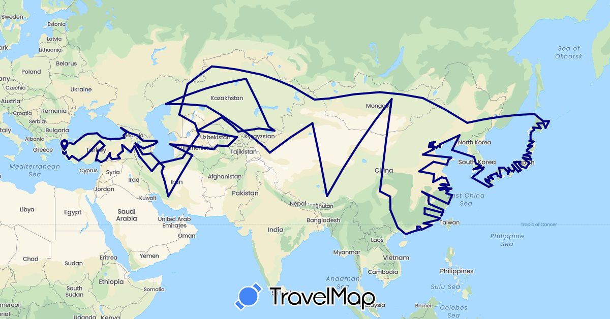 TravelMap itinerary: driving in Armenia, Azerbaijan, China, Georgia, Iran, Japan, Kyrgyzstan, South Korea, Kazakhstan, Mongolia, Turkmenistan, Turkey, Uzbekistan (Asia)